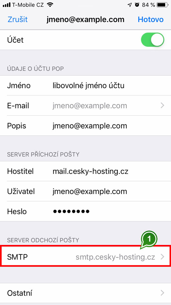 iPhone - výběr serveru odchozí pošty