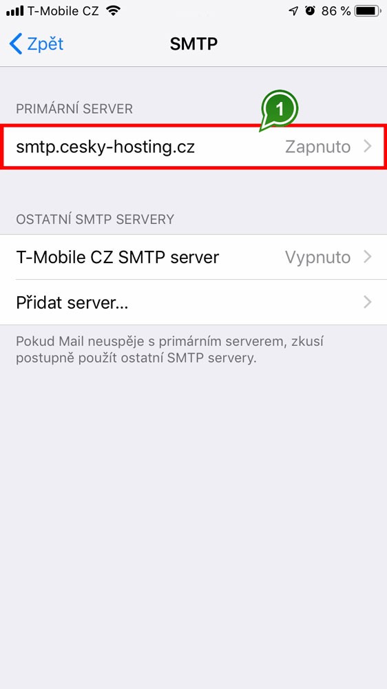 iPhone - server odchozí pošty smtp.cesky-hosting.cz